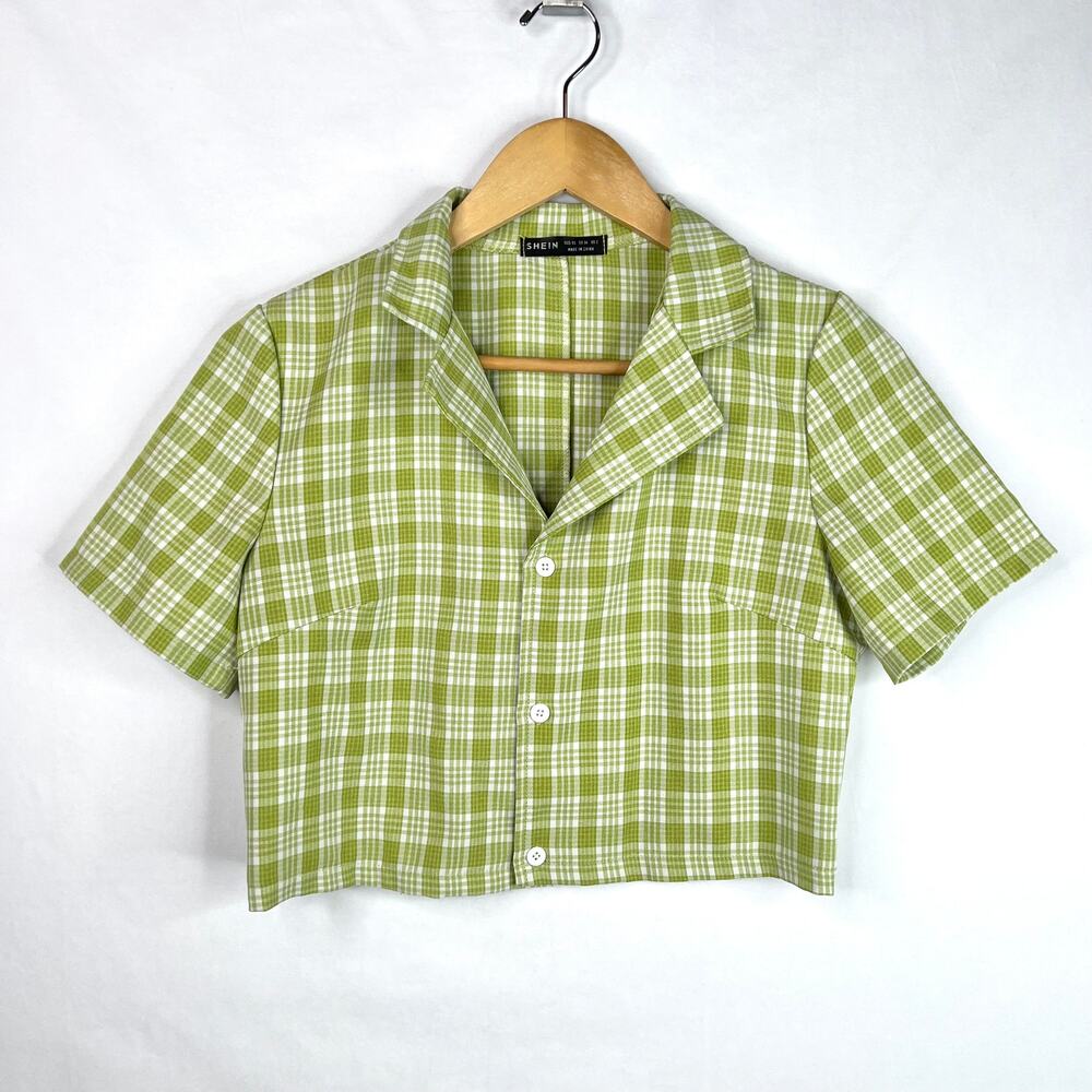SHEIN Green & White Plaid Crop Button Up XS